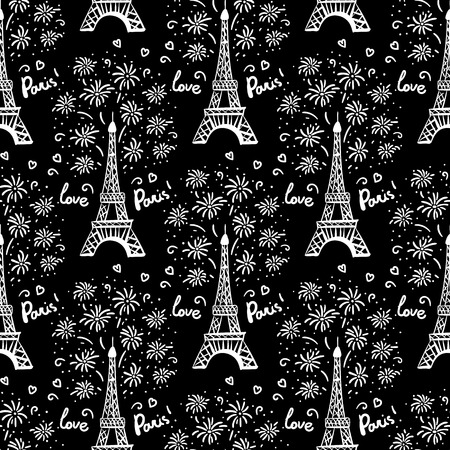 Happy New Year in Paris seamless pattern. Vector illustration ink Eiffel Tower with salute. Hand drawn white isolated on black backgroundの写真素材