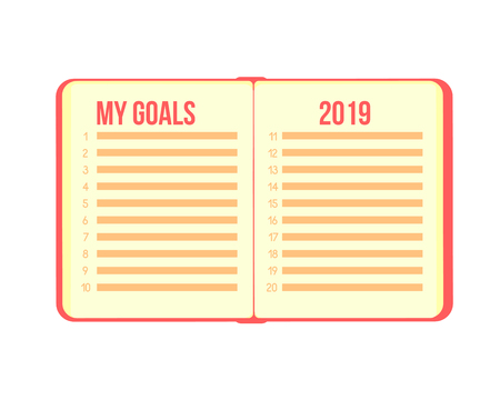 My Goals New Year 2019. Flat notebook open with list. Vector isolates on white background. Positive yellow with orange color.のイラスト素材