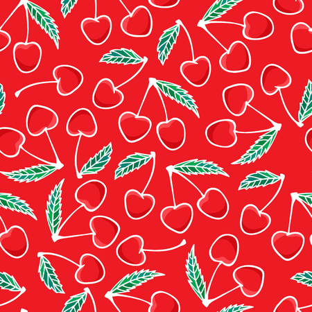 Hand drawing Cherry berry Fashion seamless pattern isolated on red background. Vector illustration print design. Holiday Merry Christmas sweet kids print design textureのイラスト素材