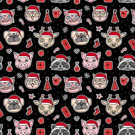 Vector new year seamless pattern. Christmas holidays design on dark background. Heads Deer, french bulldog, cat, pig, owl, raccoonのイラスト素材