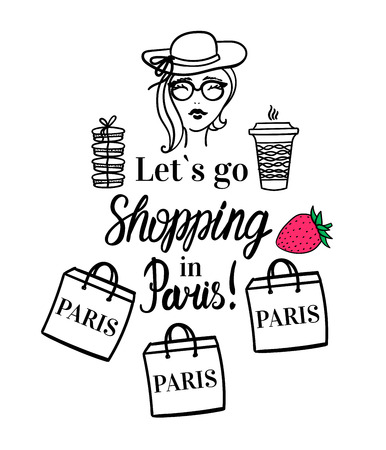 Lets go Shopping in Paris. Lettering type inscription. Vector Isolated fashion illustration. Girl with coffee to go cup, shop bag, hat, macaroon.のイラスト素材
