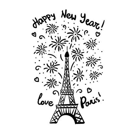 Happy New Year in Paris Card. Vector illustration ink Eiffel Tower with salute. Hand drawn black isolated on white backgroundのイラスト素材