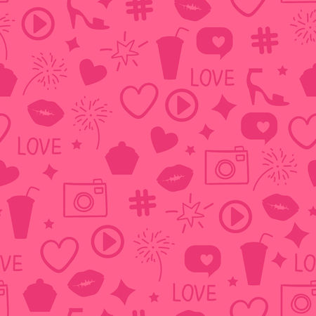 Like girly pattern. Abstract pink icon texture. Seamless design surface background. Vector illustration Kiss, like, heart, camera, beauty party.のイラスト素材