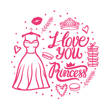 I love you Princess lettering iscription. Valentines day greeting design. Cute style dress hand drawn with diadem. Vector illustration isolated on whiteのイラスト素材