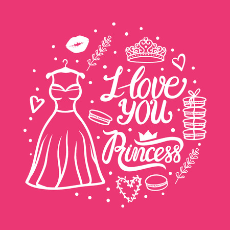 I love you Princess Card. Valentines day greeting design. Cute style dress with diadem. Vector illustrationwhite on pink.のイラスト素材