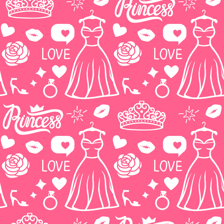 Seamless pattern Princess style. Hand drawing dress with diadem, inscription, rose, kiss ring shoe. Vector Pink Girly surface design background.のイラスト素材