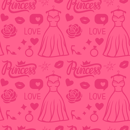 Vector Pink Princess seamless pattern style. Hand drawn dress, inscription, rose, kiss and shoe. Girly surface design background.のイラスト素材