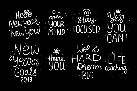 Set Lettering inscription Life Coaching , Yes YOU Can, New Years Goals items. Positive motivate phrase freehand type for self improvement. White hand drawn Vector isolated on black space background.のイラスト素材