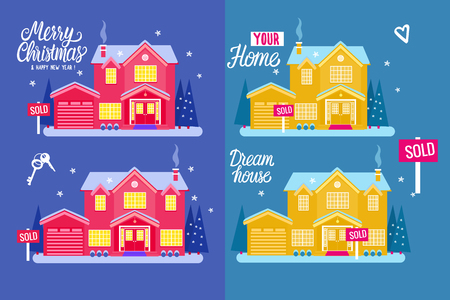 Set House two story cottage for sale. Sold sign. Flat Vector illustration on blue background. Winter magical night exterior. Merry Christmas and Happy New Year. Dream Home. Bright rich color.のイラスト素材