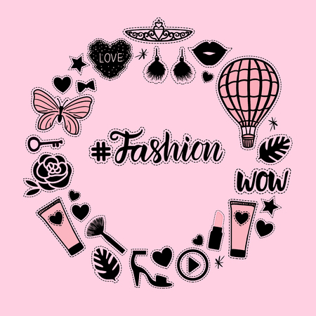 Girly Round frame fashion style. Set sign beauty makeup for cute girls. Abstract cosmetic bottles, powder, brush, lipstick, patch hand drawing. Vector illustration is isolated on a pink background.のイラスト素材