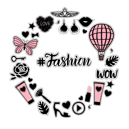 Girly Round frame fashion style. Set sign beauty makeup for cute girls. Abstract cosmetic bottles, powder, brush, lipstick, patch hand drawing. Vector illustration is isolated on a white background.のイラスト素材