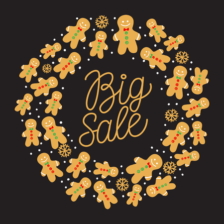 Round frame with Cookie man gingerbread. Vector illustration on black background. Merry Christmas holiday design with Big Sale line lettering inscription.のイラスト素材