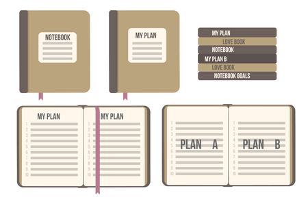 Big Set Notepad and Notebook. Vector flat illustration isolated on white. Plan A and B abstract list study workbook. Hardcover and open page top viewのイラスト素材