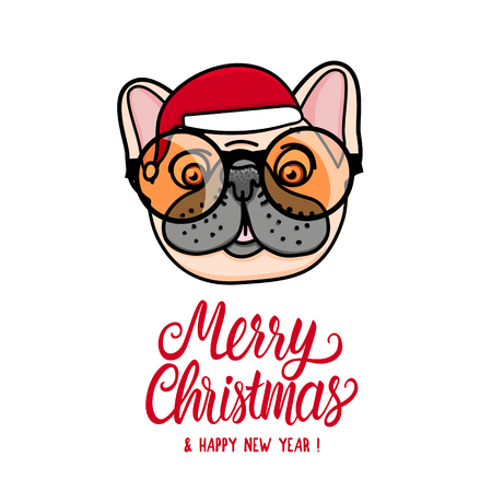Merry Christmas and happy new year. Dog french bulldog puppy. Animal head with santa hat. Vector hand drawn illustration isolated on white backgroundのイラスト素材