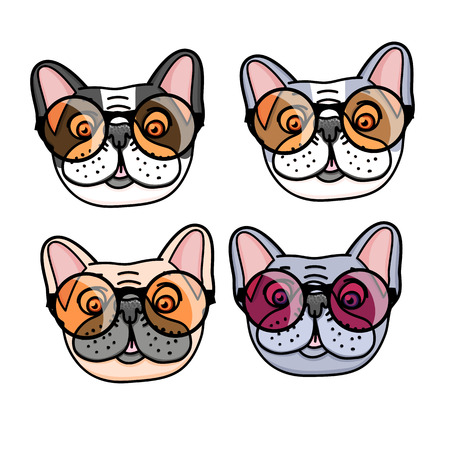 Dog french bulldog puppy with fun round glasses. Vector hand drawn illustration isolated on white backgroundのイラスト素材