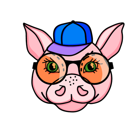 Funny pig in a cap and fun round glasses. Vector hand drawn illustration isolated on white backgroundのイラスト素材