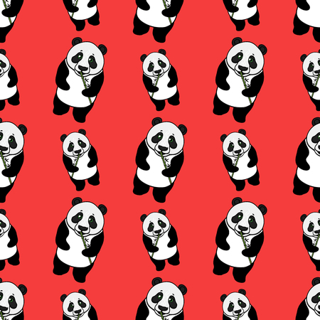 Panda seamless pattern. Chinese new year. Vector hand drawn illustration on red background.のイラスト素材
