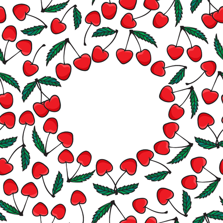 Cherry two berries with leaf round frame isolated on white background. Vector illustration. Surface designのイラスト素材