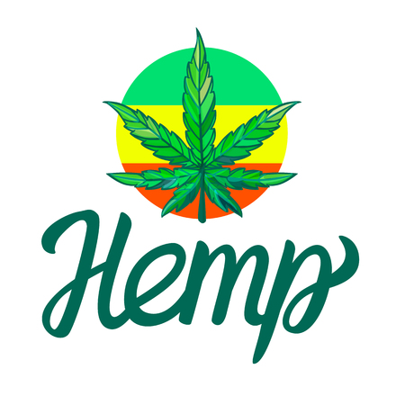 Sign Hemp lettering inscription print with weed sheet on round rasta colors. Vector isolated on white backgroundのイラスト素材