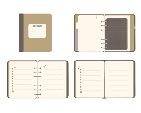 Vector Set Notepad on the rings with a numbered list. Copybook Flat illustration isolated on white. Open page and top viewのイラスト素材