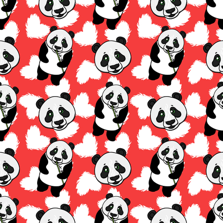 Cute Panda seamless pattern with heart. Vector hand drawn illustration on red background. Abstract girly designのイラスト素材