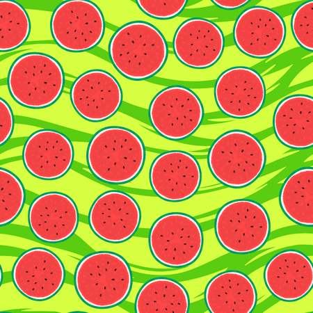 Watermelon round pieces. Seamless pattern fruity. Vector illustration on green striped texture backgroundのイラスト素材