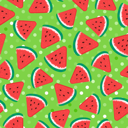 Watermelon pieces. Seamless pattern fruity. Vector illustration on green backgroundのイラスト素材