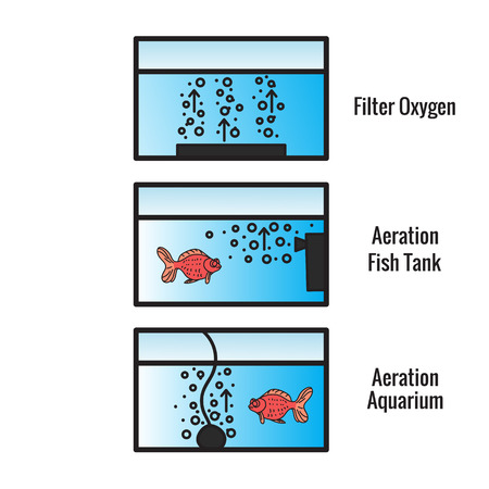 Different types of bubble filters for the fish tank. The scheme is isolated on a white background.のイラスト素材