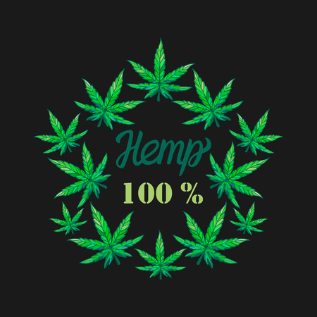 Lettering inscription Hemp. Frame Vector Hand drawn illustration cannabis leaf isolated on black background.のイラスト素材