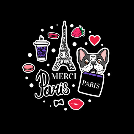 French Bulldog set. Eiffel Tower and cute dog faces. Vector hand drawn Sticker. Paris shopping bag. Sticker on blackのイラスト素材