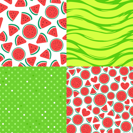 Set Seamless pattern surface design. Collection Vector illustration on green background. Watermelon pieces, green polka dots, striped textureのイラスト素材
