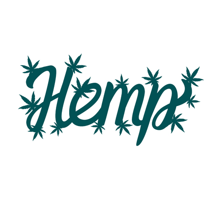 T-shirt print. Hemp green lettering inscription print with weed sheets. Vector isolated on white backgroundのイラスト素材