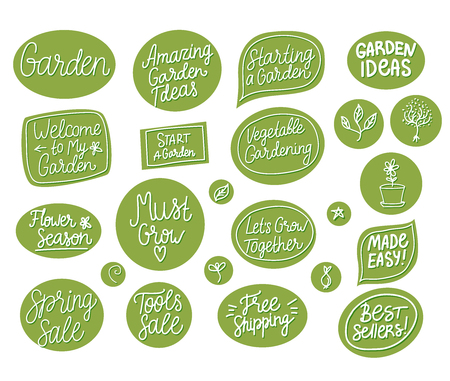Vector Set spring garden inscription stickers. Hand drawn lettering isolated on whiteのイラスト素材