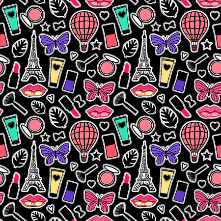 Bright Paris cosmetic background. Colorfull fashion signs Seamless pattern modern design. Vector illustration Abstract texture with hand drawn girly stickers.のイラスト素材