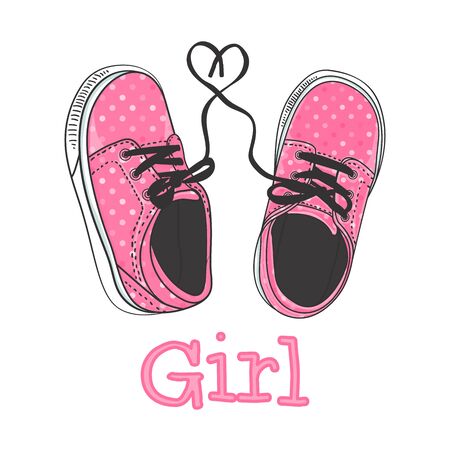 Girls sneakers hand drawing. Pink polka dot coloring. Print Design - Its a girl. Vector illustration of a pair of baby shoes.のイラスト素材