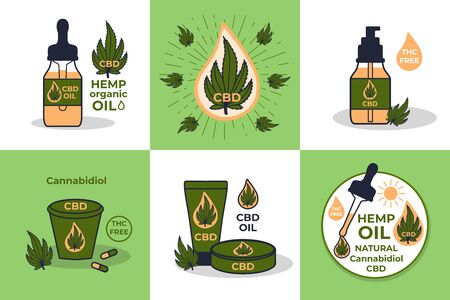 Set CBD Hemp oil signs. Illustration bottle with a pipette and a drop, medical pills, spray and cream. Vector designのイラスト素材