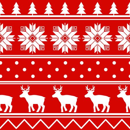 Nordic seamless pattern. Red and white texture winter sweater. Vector stock illustration deer repeat ornament. Surface design xmas.のイラスト素材