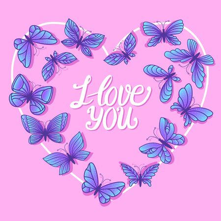 Heart frame with hand drawn butterflies. I love you lettering Valentines day card.のイラスト素材