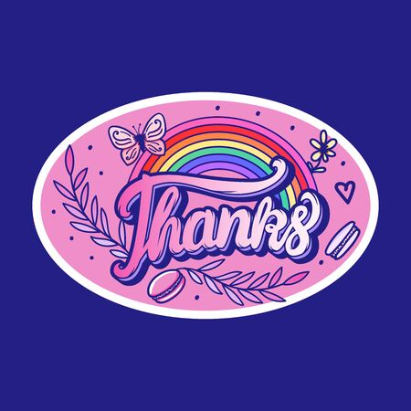 Thanks lettering inscription. Sweet macaroons and rainbow. Vector hand illustration. Sticker designのイラスト素材