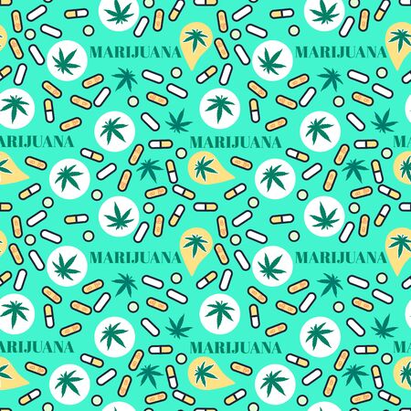 Marjuana pills Seamless pattern with leaf hemp. Organic Cannabis THC tablets. Vector texture on bright color background. Surface medical legalize designのイラスト素材