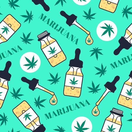 Marjuana seamless pattern. Bottle pipette with drop. Hash Cannabis Oil for vape smoking, vaporizing or eating. Vector illustration texture on green background. Surface designのイラスト素材