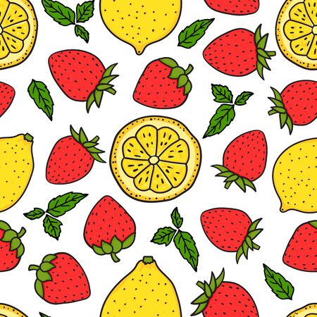 Berry Strawberry and lemon with a round slice. Yellow and Red colors. Seamless pattern texture. Vector hand drawn illustration Surface design isolated on white background. Dessert Ingredientsのイラスト素材