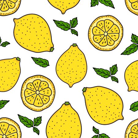 Lemon and a round slice. Seamless pattern texture. Vector hand drawn illustration. Surface yellow color minimalist kitchen design isolated on white background. Fresh summer tasty abstract backgroundのイラスト素材