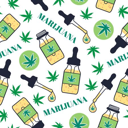 Marjuana oil seamless pattern. Dropper bottle with pipette and drop hemp oil. Hash Cannabis Oil. Vector illustration texture on white background. Surface design endless template legalizeのイラスト素材