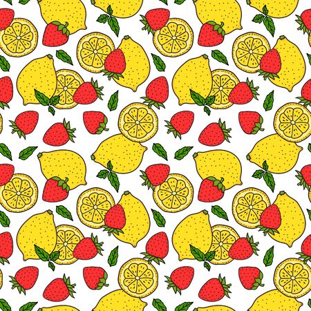 Lemon and strawberry. Seamless pattern. Whole lemon and a round slice. Red and yellow colors. Vector hand drawn illustration Surface design isolated on white background.のイラスト素材