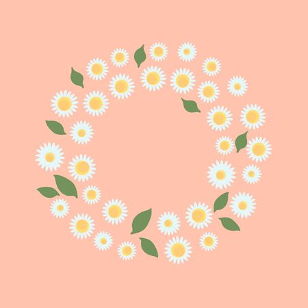 Round frame made of Camomile. Vector small flowers illustration on a cute colored background. Nature design summer cardのイラスト素材