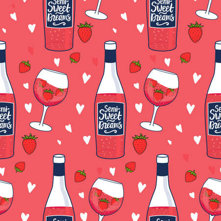 Seamless pattern Rose wine bottle with inscription Semi Sweet Dreams. Cute feminine drink in a wineglass with strawberries. Vector hand illustration isolated on white. Surface designのイラスト素材