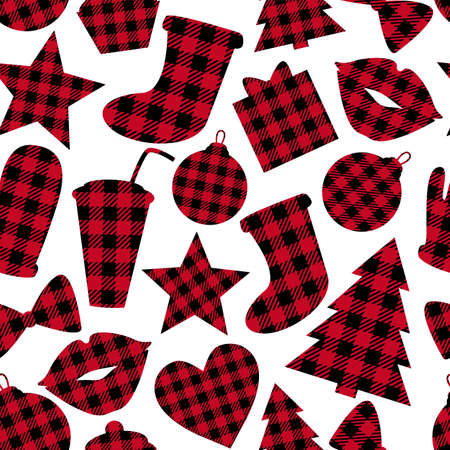 Checkered Hat, gloves, seamless pattern. Red and white vichy color. Winter Merry Christmas design...