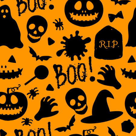 Happy Halloween Seamless pattern. Pumpkin Jack, Skull, Spiders, Sweets and Scary Boo. Vector holiday design surface texture. Cartoon black illustration isolated on orange backgroundのイラスト素材