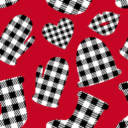 Hat and gloves Black and white Checkered seamless pattern on red background. Winter Merry Christmas...